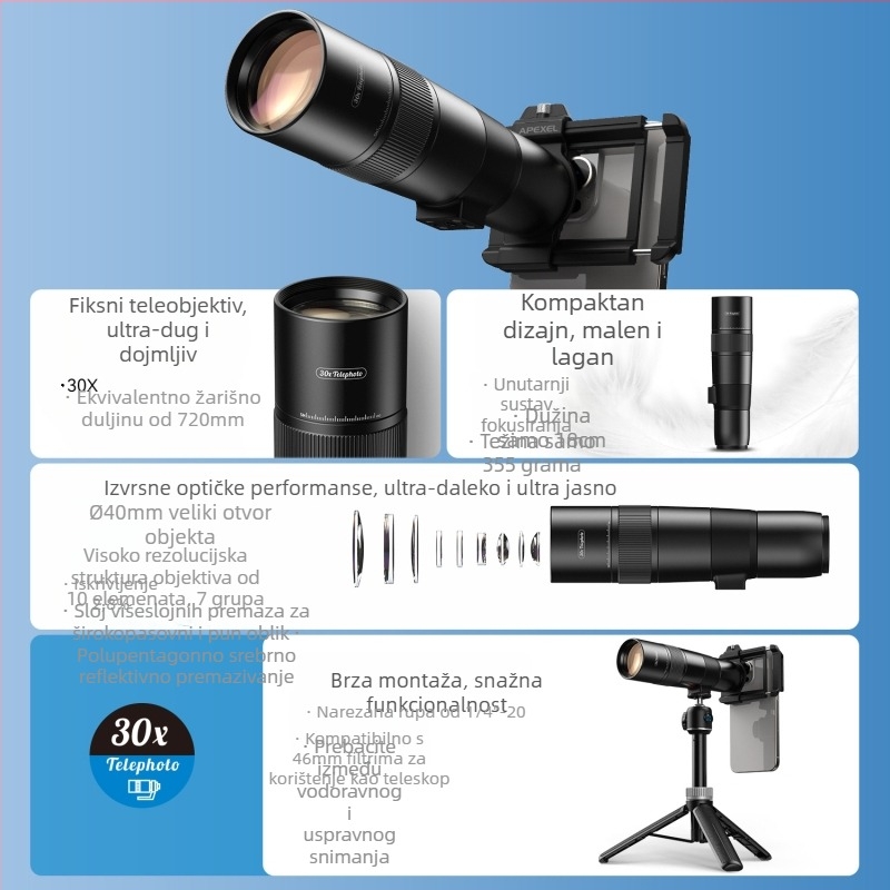 APEXEL APL-T30X mobilni telefoto objektiv za pametne telefone – Marka: APEXEL, Model: APL-T30X, Kompatibilan s Androidom i iOS-om, Univerzalno za mobilne telefone