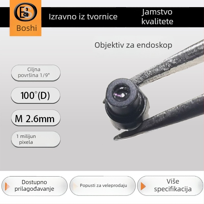 Fiksni makro objektiv za medicinski endoskop, 1.1 mm žarišna duljina, dubina polja 5–50 mm, 100° široki kut, najbliža točka fokusa 5 mm