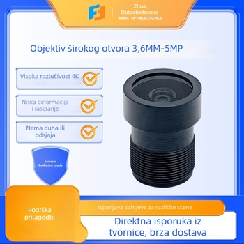 Feihua optički objektiv za kamere, senzor 1/2.7, F1.8 otvor blende, žarišna duljina 3.6 mm, konstrukcija 6G, kut snimanja 118°, najbliža točka fokusa 100 mm