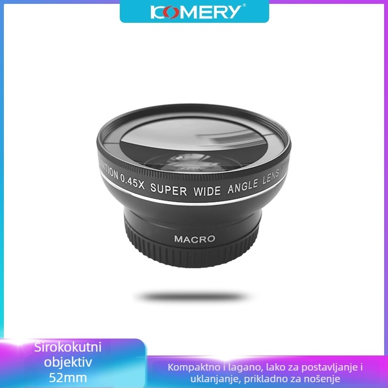KOMERY 0.45x52mm širokokutni makro objektiv za bezzrcalne kamere, 2-u-1 široki i ultraširoki, 10-20mm žarišna duljina, 52mm filter