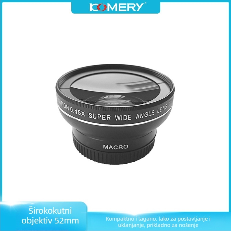 KOMERY 0.45x52mm širokokutni makro objektiv za bezzrcalne kamere, 2-u-1 široki i ultraširoki, 10-20mm žarišna duljina, 52mm filter
