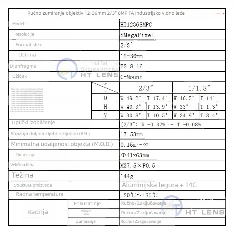 Industrijski objektiv za strojno videnje, 12-36mm, C-mount, ručni zum, senzor 2/3-inch, minimno fokusno rastojanje 0,15 m