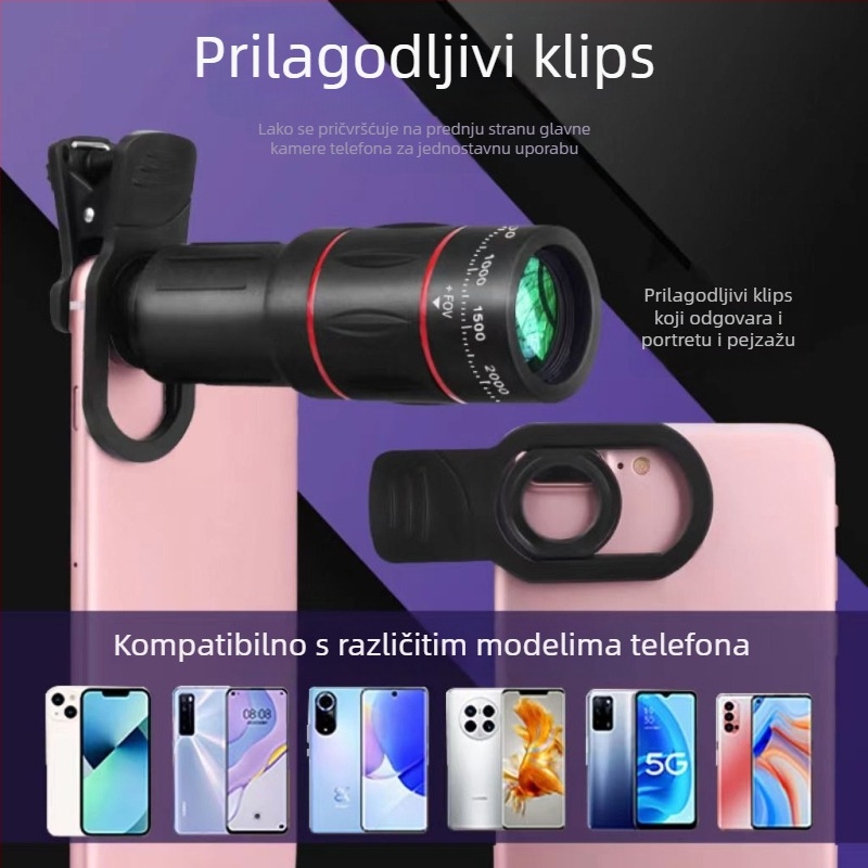 Monokularni teleskopni zoom objektiv za pametne telefone, 8x povećanje, telefoto objektiv, univerzalna kompatibilnost