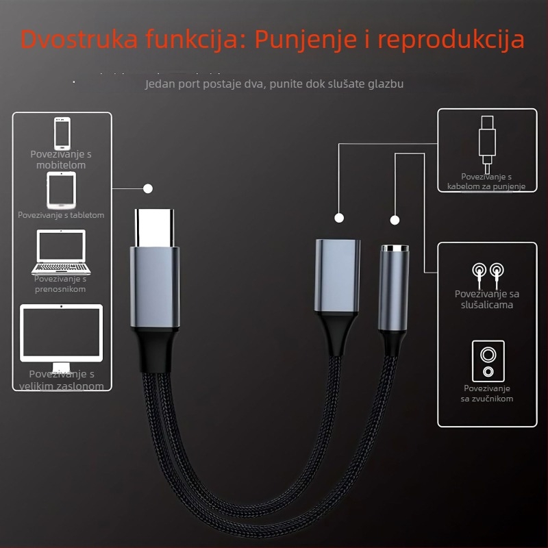 Audio adapter 3,5 mm na Type-C s napajanjem, 2-u-1 pretvarač slušalica, kompatibilan s Apple, Huawei, Xiaomi, Samsung, Oppo i Vivo