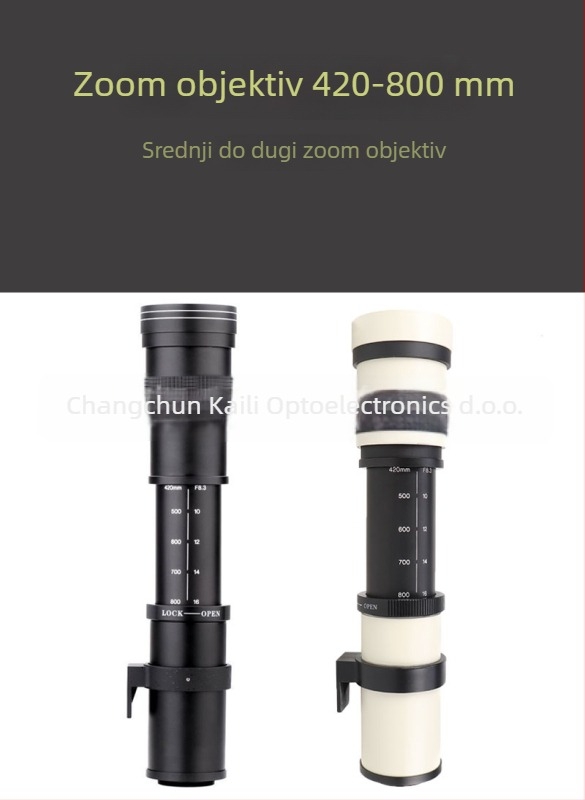 Kelda 420-800mm F/8.3-16 Zoom teleobjektiv za astronomiju — ručno fokusiranje; 2 skupine po 4 elementi; filter Ø67mm; najbliža točka fokusa 1,5 m