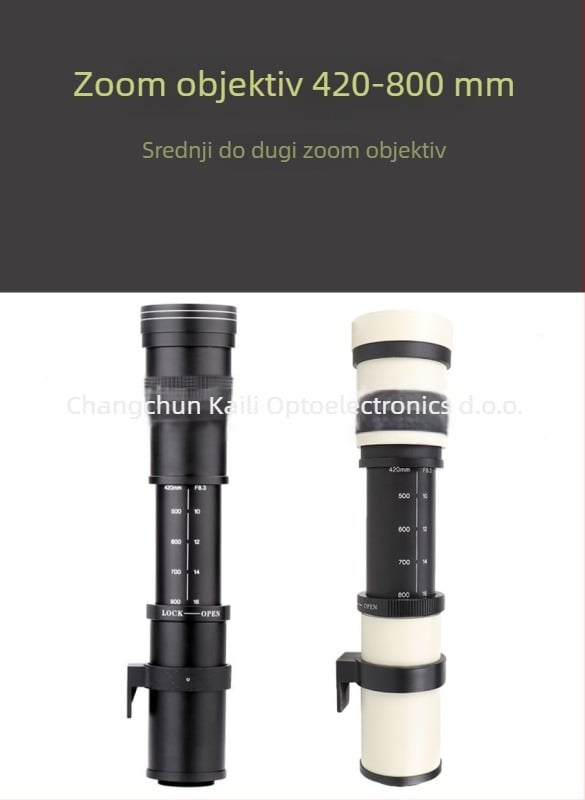 Kelda 420-800mm F/8.3-16 Zoom teleobjektiv za astronomiju — ručno fokusiranje; 2 skupine po 4 elementi; filter Ø67mm; najbliža točka fokusa 1,5 m