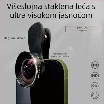 Širokokotni objektiv za mobitel, 9K Ultra HD, prednji i stražnji, uživo video, ogledalo za selfie, bez izobličenja