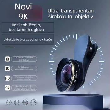 Širokokotni objektiv za mobitel, 9K Ultra HD, prednji i stražnji, uživo video, ogledalo za selfie, bez izobličenja