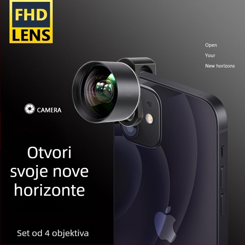 JOVOCN JV-A04 PRO Set objektiva za mobitel, četiri u jednom: širokokutni, makro, teleobjektiv, fisheye – aluminijsko tijelo, optičko staklo