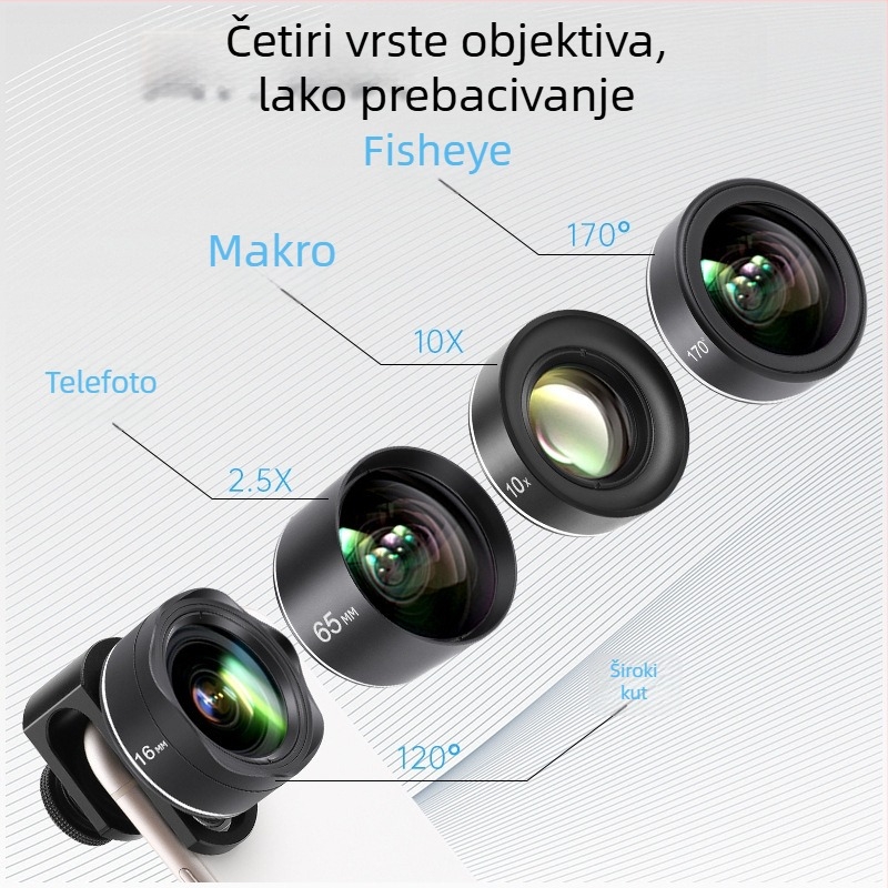 JOVOCN JV-A04 PRO Set objektiva za mobitel, četiri u jednom: širokokutni, makro, teleobjektiv, fisheye – aluminijsko tijelo, optičko staklo