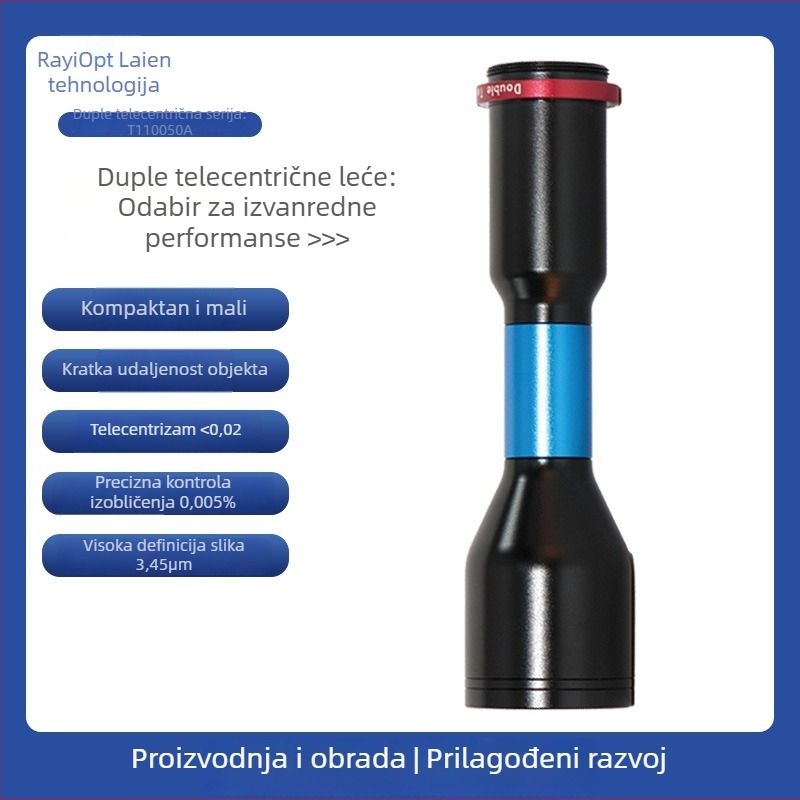 Lane T110050A bi-telecentrijski industrijski objektiv, kompaktni dizajn, kratko radno udaljenje, 3,45 μm piksel korak, bez izobličenja, visoka razlučivost