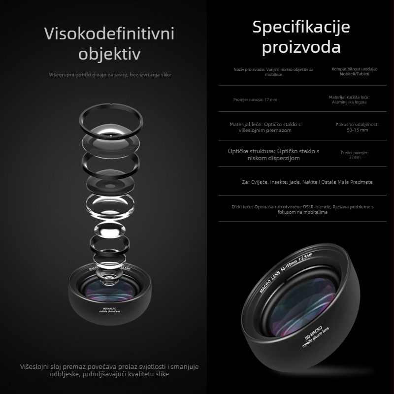 Makro objektiv za pametni telefon FST ST-M150m, 10× uvećanje, radna udaljenost 30–120 mm, univerzalna kompatibilnost