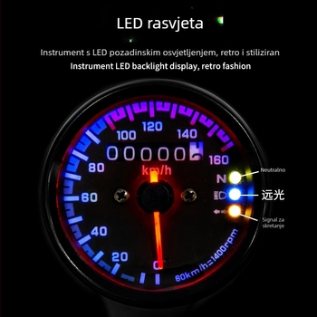 Elektronički tachometar s LED indikatorima, model s tri svjetla, raspon 0-160 km, napajanje 12V.
