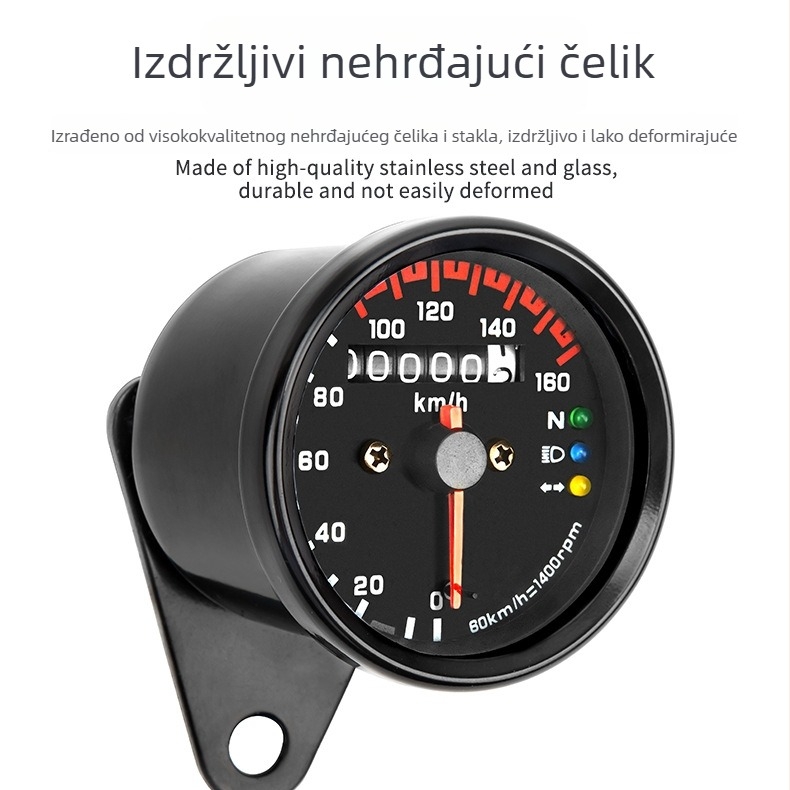 Elektronički tachometar s LED indikatorima, model s tri svjetla, raspon 0-160 km, napajanje 12V.