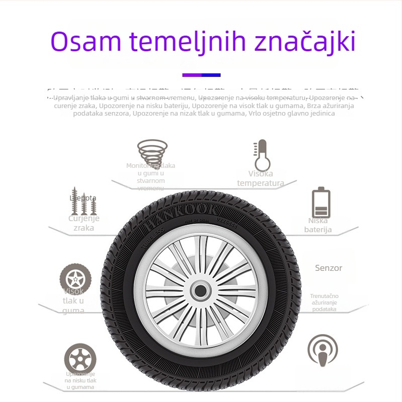Sistem mjerenja tlaka u gumama automobila, bežični unutarnji i vanjski senzori, visoka preciznost, zaslon za 4 kotača