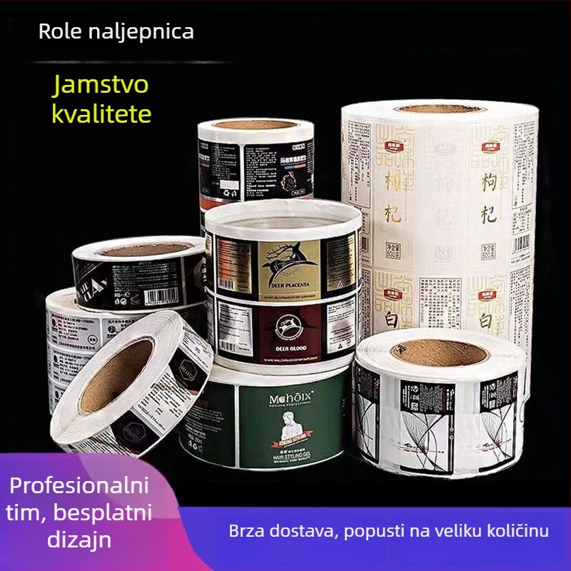 Prilagođene naljepnice u roli - samoljepljive PVC, prozirne, vodootporne, otiskivanje toplim prešanjem, debljina 0,01 mm