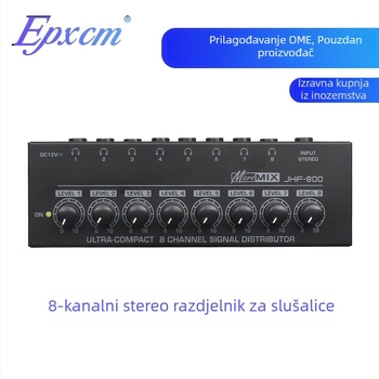 8-kanalni razdjeljivač signala za slušalice, ulaz 1, izlazi 8, stereo nadzor, pojačalo za slušalice za studijsko snimanje i miksanje