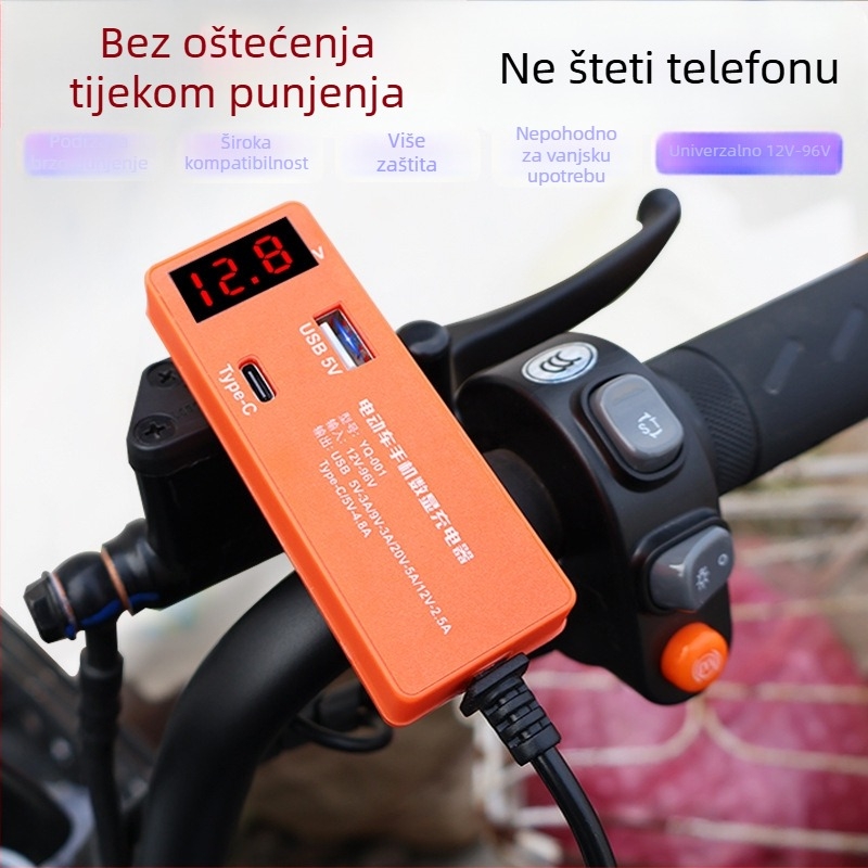 Leaping Flag USB punjač za električna vozila i motocikle s detektorom napona, raspon 12–120V, USB izlaz za telefone