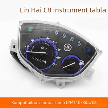 Sastav instrument ploče za Linhai C8 motocikl — odometar i brzomjer, prekidač paljenja, indikatori, rasvjeta instrumenta, model C8, marka Mogelon
