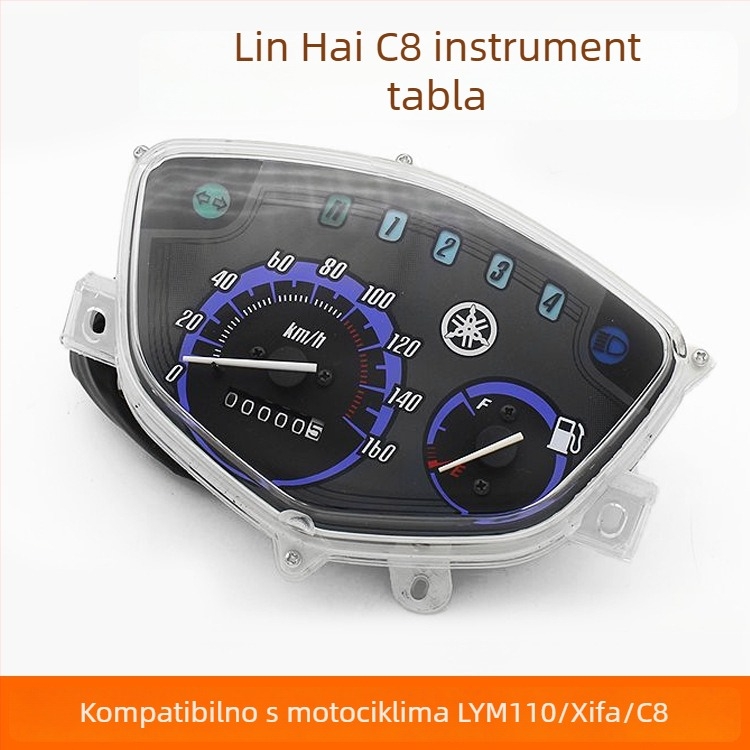 Sastav instrument ploče za Linhai C8 motocikl — odometar i brzomjer, prekidač paljenja, indikatori, rasvjeta instrumenta, model C8, marka Mogelon
