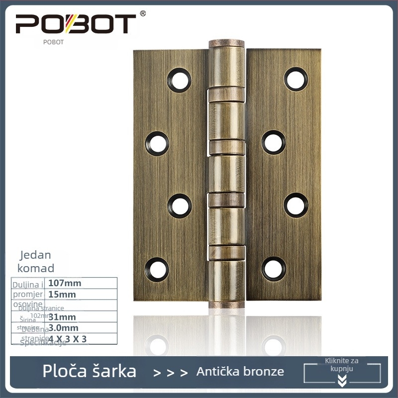 POBOT nehrđajući čelični šarnir u obliku slova H, polirana završna obrada, za unutarnja vrata i ormariće, moderan minimalistički dizajn