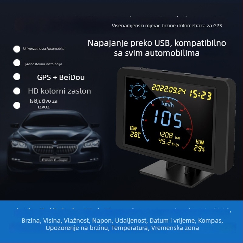 Wollip W01 GPS Beidou mjerač brzine i prijeđenih kilometara, opća namjena, USB napajanje, HUD više-funkcijski, kompatibilan sa svim modelima