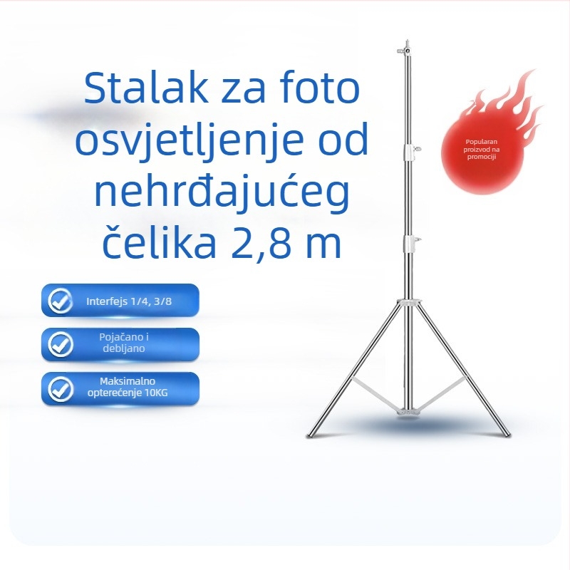 Stativ za fotografiju od nehrđajućeg čelika, 3-dijelni, promjer cijevi 25-30-35 mm, nosivost 10 kg, težina 2,2 kg.