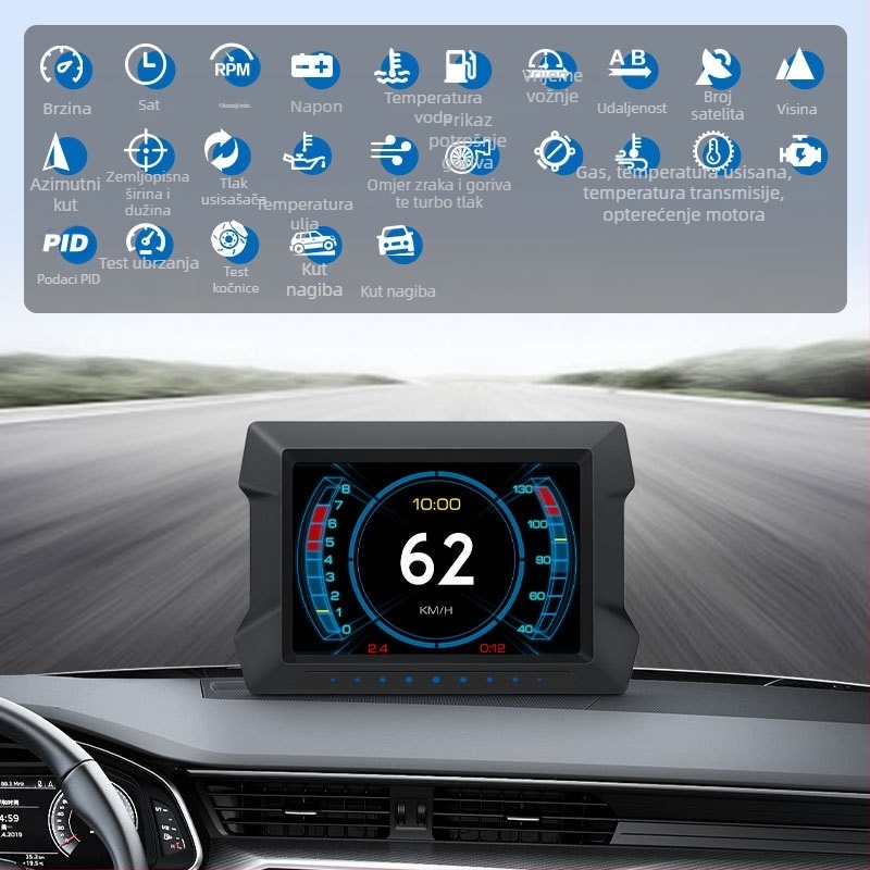Luyang Intelligence LCD Head-Up Display za automobil — model P22, HD rezolucija, napajanje putem OBD sučelja, ulaz OBD+GPS Beidou, kućište ABS/PC