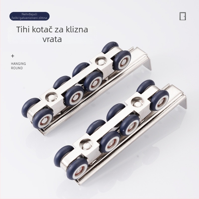 Rola za klizna vrata od nehrđajućeg čelika i najlonsko ležaj; tih i glatki rad; nosivost 45–75 kg; modeli: 4 kotačića, 6 kotačića dvostruke šipke, 8 kotačića jedne/dvostruke šipke, 12 kotačića dvostruke šipke; moderan i jednostavan dizajn; OEM logo
