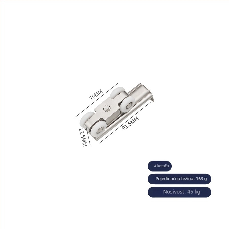 Rola za klizna vrata od nehrđajućeg čelika i najlonsko ležaj; tih i glatki rad; nosivost 45–75 kg; modeli: 4 kotačića, 6 kotačića dvostruke šipke, 8 kotačića jedne/dvostruke šipke, 12 kotačića dvostruke šipke; moderan i jednostavan dizajn; OEM logo