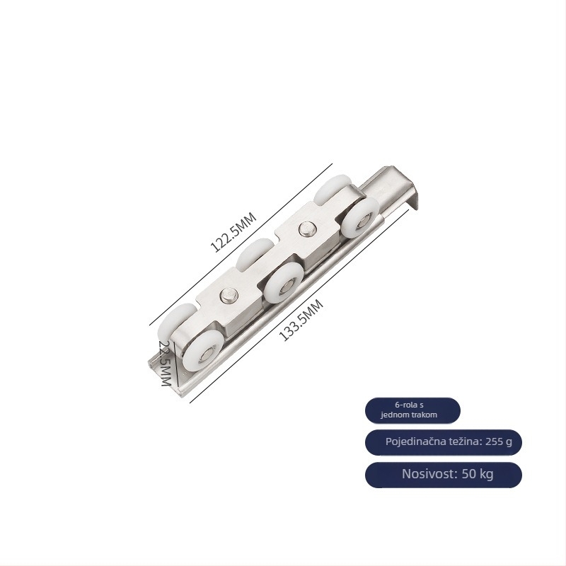 Rola za klizna vrata od nehrđajućeg čelika i najlonsko ležaj; tih i glatki rad; nosivost 45–75 kg; modeli: 4 kotačića, 6 kotačića dvostruke šipke, 8 kotačića jedne/dvostruke šipke, 12 kotačića dvostruke šipke; moderan i jednostavan dizajn; OEM logo