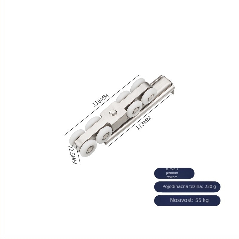 Rola za klizna vrata od nehrđajućeg čelika i najlonsko ležaj; tih i glatki rad; nosivost 45–75 kg; modeli: 4 kotačića, 6 kotačića dvostruke šipke, 8 kotačića jedne/dvostruke šipke, 12 kotačića dvostruke šipke; moderan i jednostavan dizajn; OEM logo