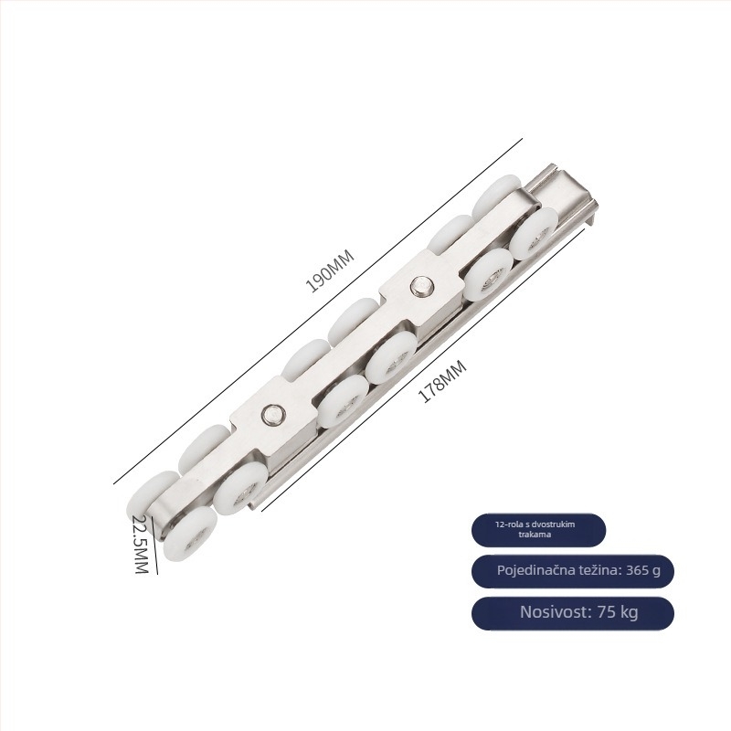 Rola za klizna vrata od nehrđajućeg čelika i najlonsko ležaj; tih i glatki rad; nosivost 45–75 kg; modeli: 4 kotačića, 6 kotačića dvostruke šipke, 8 kotačića jedne/dvostruke šipke, 12 kotačića dvostruke šipke; moderan i jednostavan dizajn; OEM logo