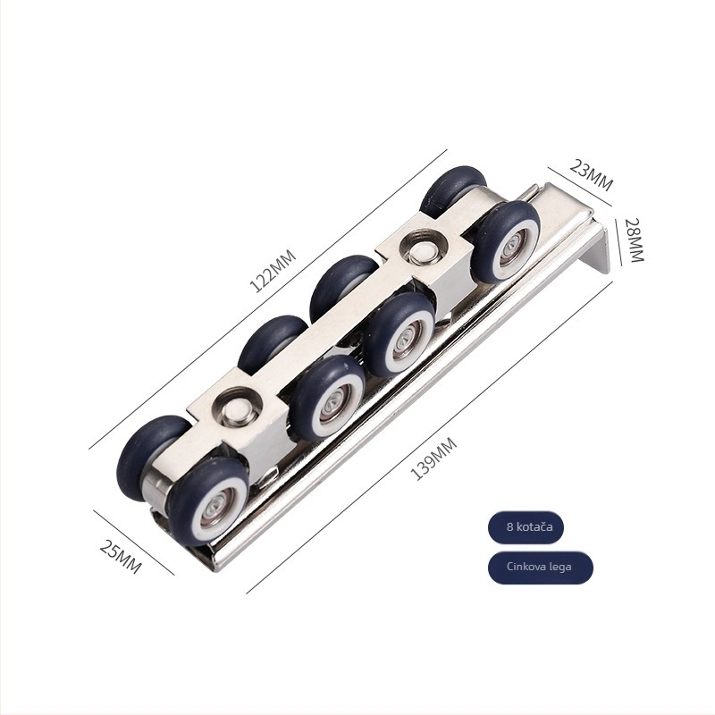 Rola za klizna vrata od nehrđajućeg čelika i najlonsko ležaj; tih i glatki rad; nosivost 45–75 kg; modeli: 4 kotačića, 6 kotačića dvostruke šipke, 8 kotačića jedne/dvostruke šipke, 12 kotačića dvostruke šipke; moderan i jednostavan dizajn; OEM logo
