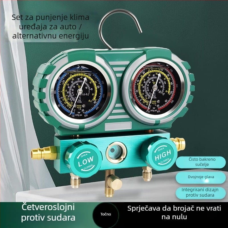 Autoklima uređaj rashladni plin, dvostruki manometar, model JRS-1, bez ulja, kompatibilan s R134A/R22/R410