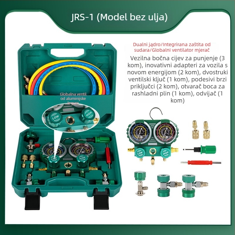 Autoklima uređaj rashladni plin, dvostruki manometar, model JRS-1, bez ulja, kompatibilan s R134A/R22/R410
