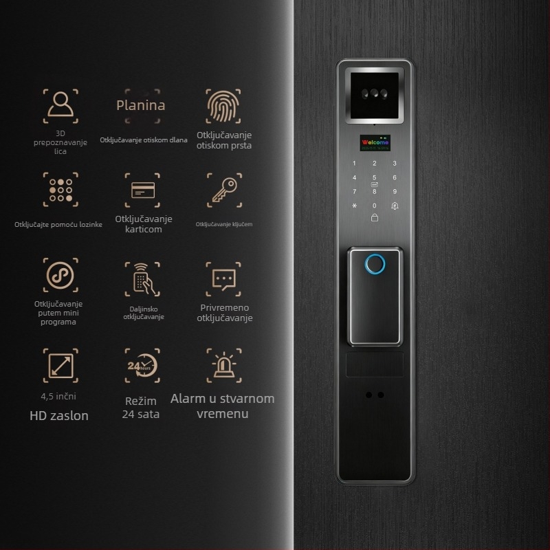 Pametna brava s otiskom prsta i prepoznavanjem lica – daljinsko otključavanje, 100 pohranjenih otisaka prstiju, >1.000.000 otključavanja, skeniranje <3 s