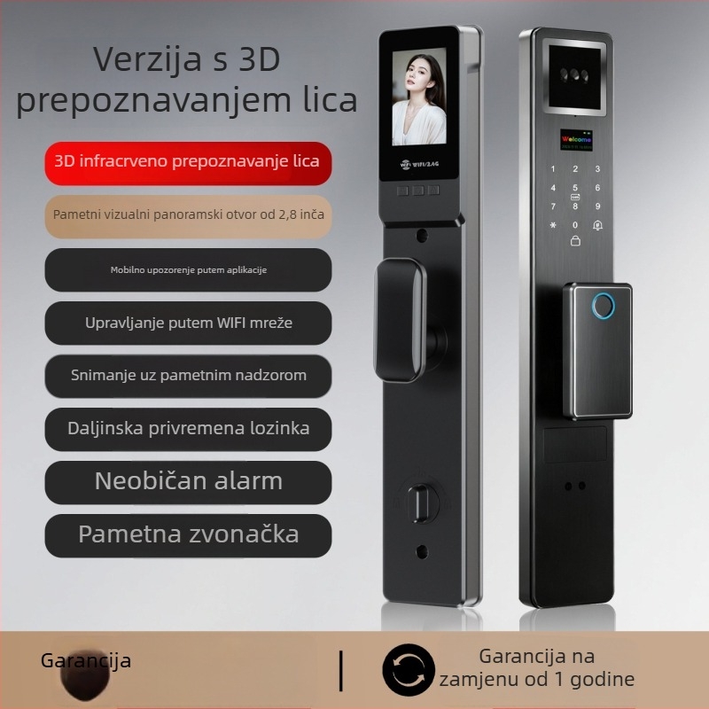 Pametna brava s otiskom prsta i prepoznavanjem lica – daljinsko otključavanje, 100 pohranjenih otisaka prstiju, >1.000.000 otključavanja, skeniranje <3 s