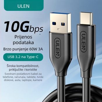 USB-A na USB-C kabel, USB 3.2, 10Gbps, PD 60W brzo punjenje, bakreni vodnik, za mobitele, računala i tablete