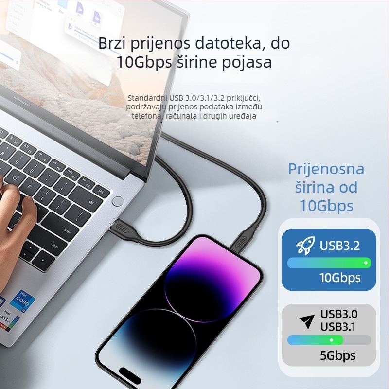 USB-A na USB-C kabel, USB 3.2, 10Gbps, PD 60W brzo punjenje, bakreni vodnik, za mobitele, računala i tablete