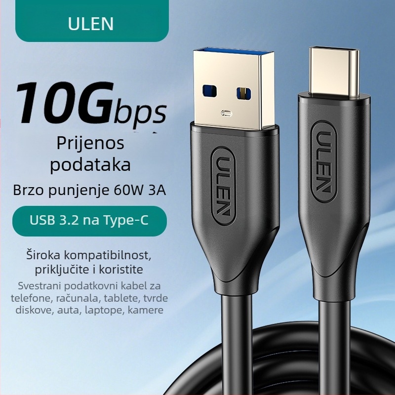 USB-A na USB-C kabel, USB 3.2, 10Gbps, PD 60W brzo punjenje, bakreni vodnik, za mobitele, računala i tablete
