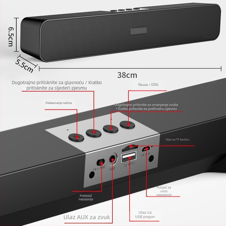 Soundbar s subwooferom, Bluetooth 5.0, 2 zvučnika, 5W izlaz, 100Hz-20kHz, ugrađena baterija 2000-4000 mAh