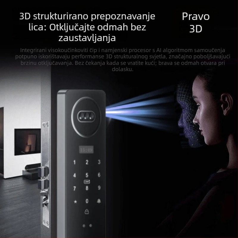 Pametni brava za vrata s otiskom prsta i 3D prepoznavanjem lica, vizualni prozor (Model L18; 100 otisaka; više od 3000 otključavanja; skeniranje 0,1 s; radna temperatura 55°C)