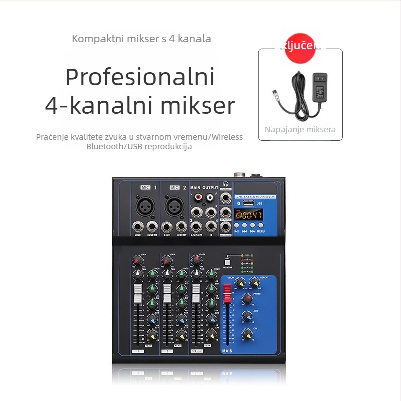 7-kanalni mikser za zvuk, 4-kanalni profesionalni DJ mikser za pozornicu (Brend INYUN, Snaga 12, Model F4, Šifra proizvoda F4-USB)