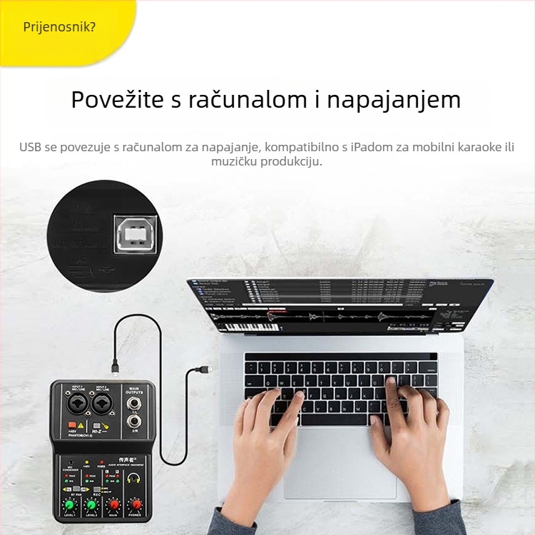 Voice Tone Q12 USB 2-kanalni mini miks za računalo za snimanje i prijenos uživo (220V, 5W, stereo)