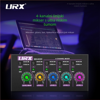URX MH400 Mini 4-kanalni linijski mikser, napajanje 5V2A, za mikrofon, gitaru, bas i tipkovnicu