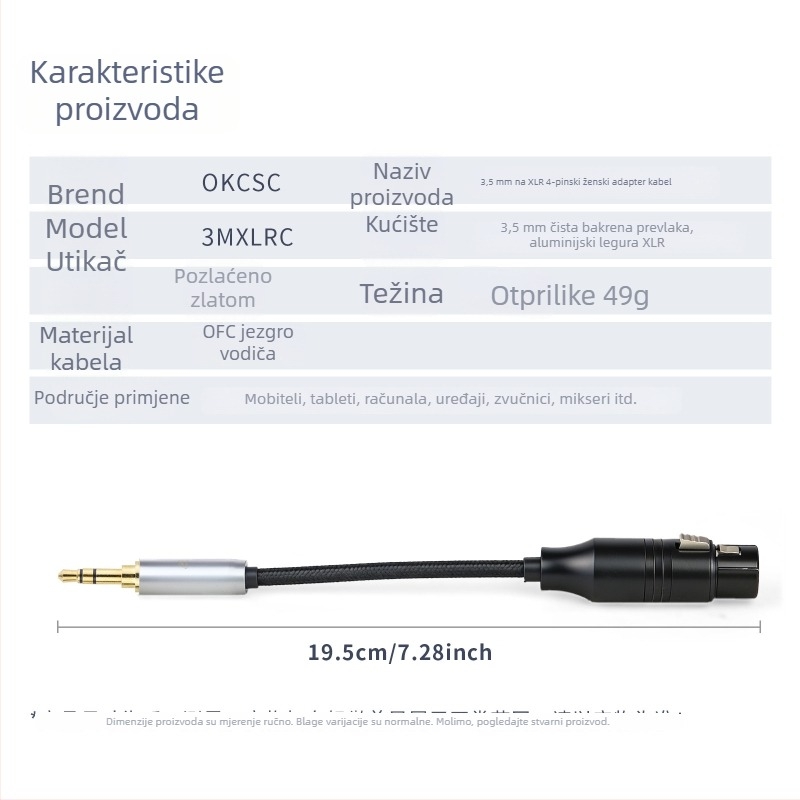 okcsc adapter kabel 3,5 mm na XLR 4-pin, model 3MXLRC, bakreno jezgro, jedan konektor