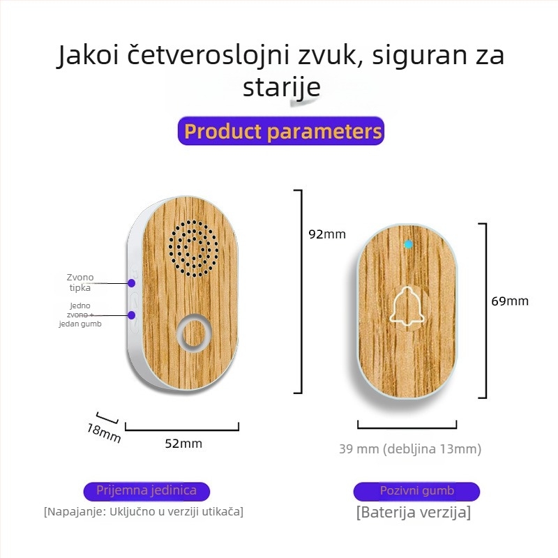 Bežični zvonac za kuću – 38 tonova zvona, visoka glasnoća, prodiranje kroz zidove, dugi domet, napajanje CR2032