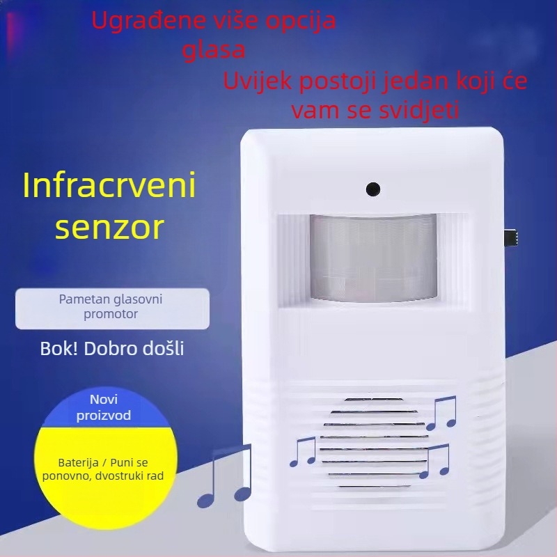 Indukcijski zvonac za vrata s IR senzorom i glasovnim najavom, model KZ-02, baterijsko napajanje 4,5V, 20 opcija zvona, pogodna za trgovine i hotele