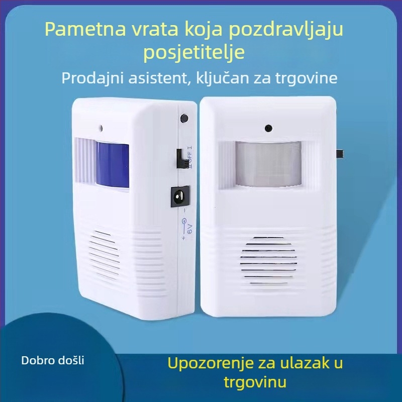 Indukcijski zvonac za vrata s IR senzorom i glasovnim najavom, model KZ-02, baterijsko napajanje 4,5V, 20 opcija zvona, pogodna za trgovine i hotele